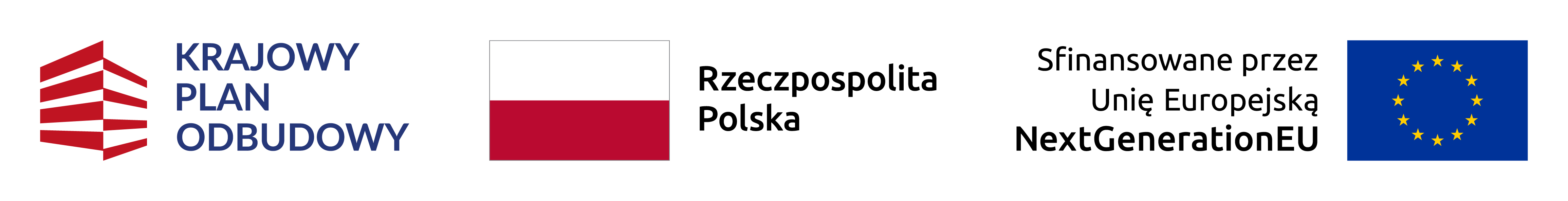 Grafika pozioma z trzema zestawionymi logotypami: po lewej znak Krajowego Planu Odbudowy z czerwonym symbolem stylizowanego budynku i napisem „Krajowy Plan Odbudowy”, pośrodku flaga Polski z podpisem „Rzeczpospolita Polska”, a po prawej tekst „Sfinansowane przez Unię Europejską NextGenerationEU” obok flagi Unii Europejskiej z żółtymi gwiazdami na granatowym tle.