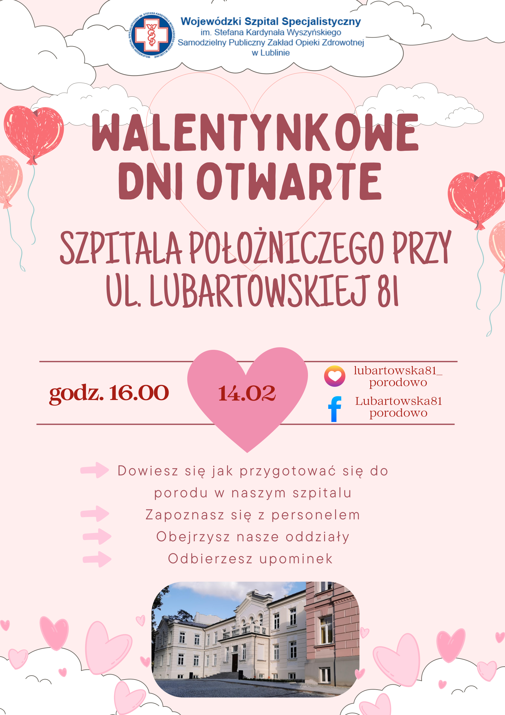 Plakat wydarzenia przedstawiający na różowym tle białe chmury, czerwone balony w kształcie serduszek, informacje o wydarzeniu jak w artykule oraz zdjęcie budynku szpitala