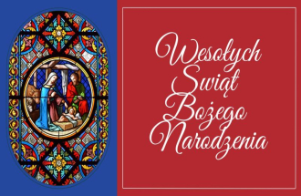 Ilustracja z motywem bożonarodzeniowym: po lewej stronie kolorowy witraż przedstawiający scenę Narodzenia Pańskiego z Maryją, Józefem i Dzieciątkiem Jezus w stajence, po prawej czerwone tło z białym ozdobnym napisem „Wesołych Świąt Bożego Narodzenia”.