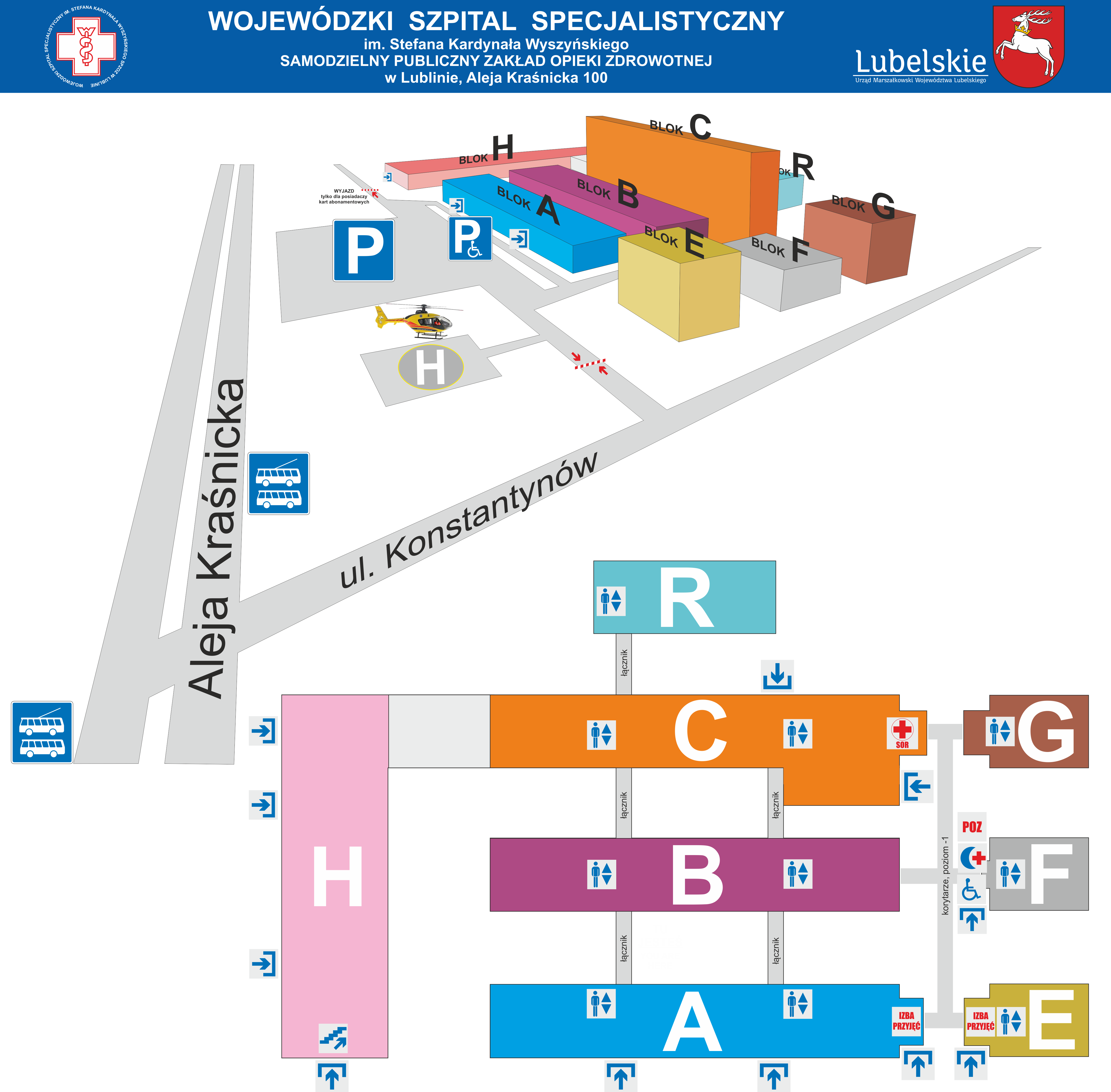 graficzny plan szpitala, przedstawiający rozkład budynków