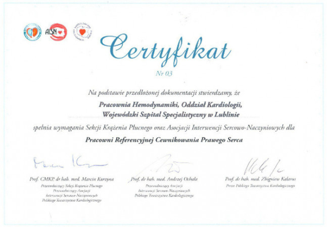 Certyfikat dla Pracowni Hemodynamiki
