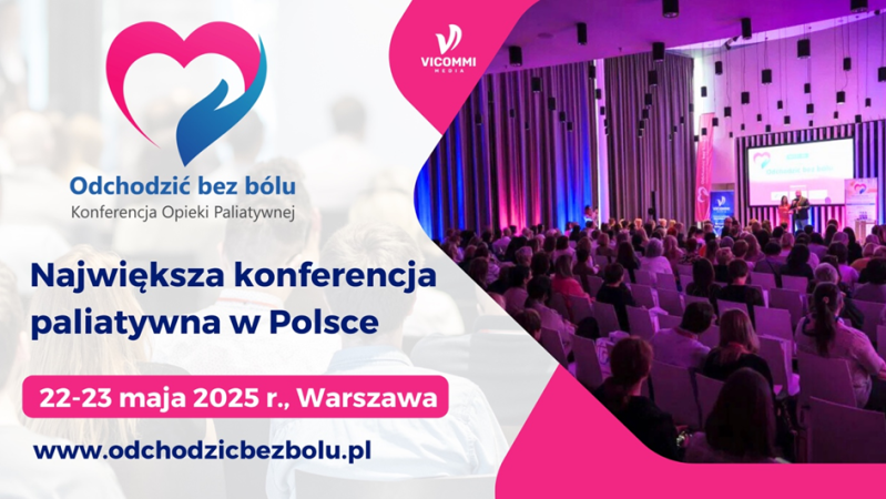 Ulotka konferencji odchodzić bez  bólu - jasnym tle informacje dotyczące daty i miejsca wydarzenia oraz zdjęcie sali konferencyjnej z uczestnikami